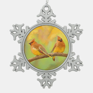 Cedar Waxwing Painting - Cute Original Dog Art Snowflake Pewter Christmas Ornament