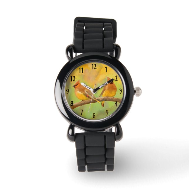 Cedar Waxwing Painting - Cute Original Wild Bird A Watch (Front)