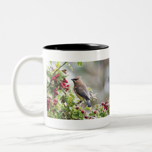 Cedar Waxwing, Peace, Love & Joy Coffee Mug (Left)
