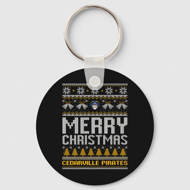 Cedarville Pirates Logo Merry Christmas Ugly Sweat Keychain (Front)