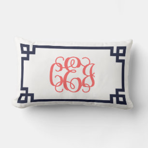 CEJ Navy and Coral Greek Key Script Monogram Lumbar Pillow