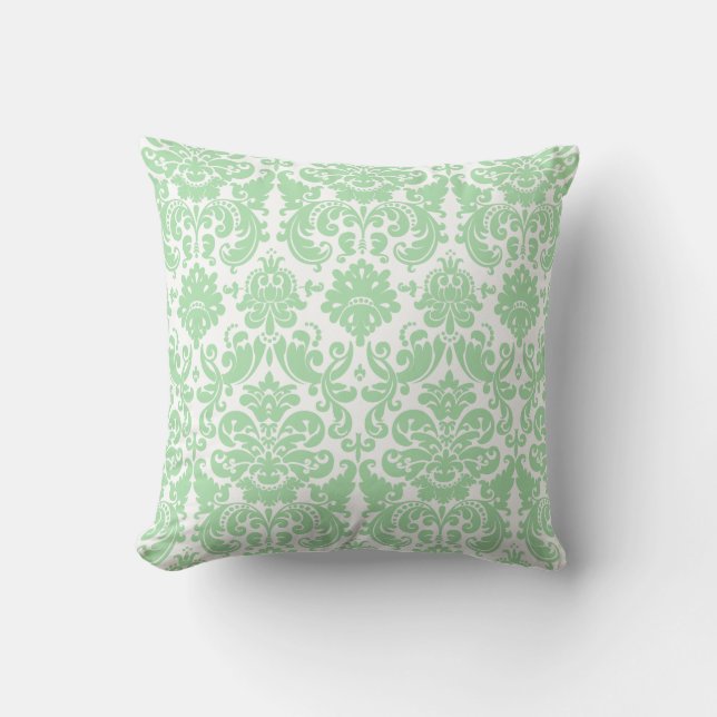 Celadon and White Elegant Damask Pattern Throw Pillow (Front)