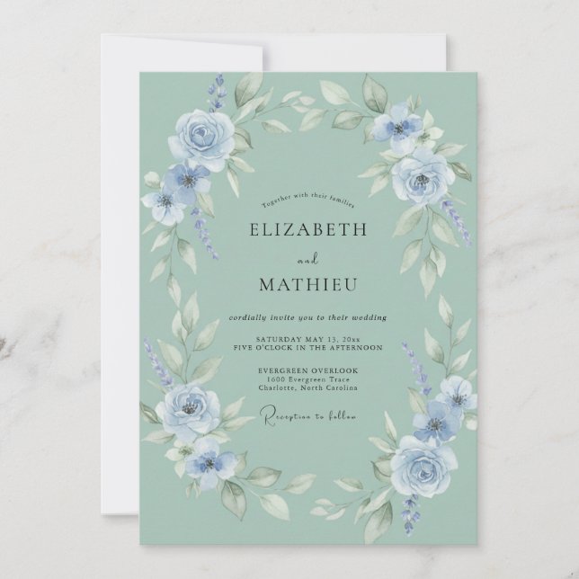 Celadon Cornflower Wreath Wedding Invitation (Front)