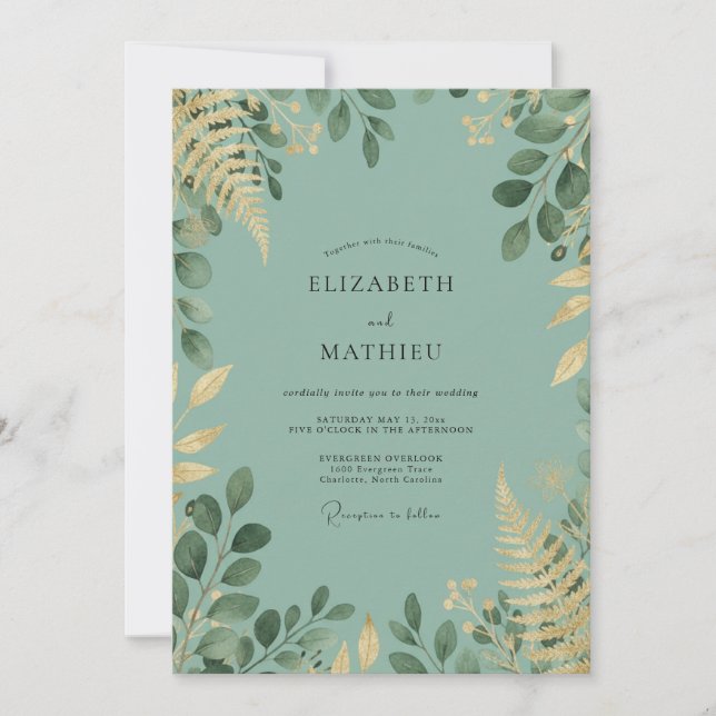 Celadon Foliage Gold Eucalyptus Wedding Invitation (Front)