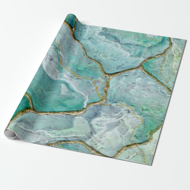 Celadon Green, Jade, Mint Kintsugi Geode Wrapping Paper (Unrolled)