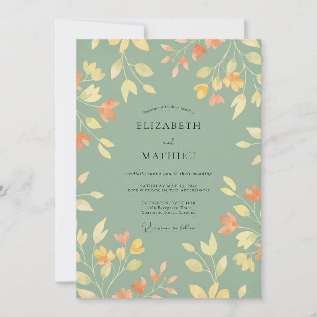 Celadon Ochre Leafy Wedding Invitation (Front)
