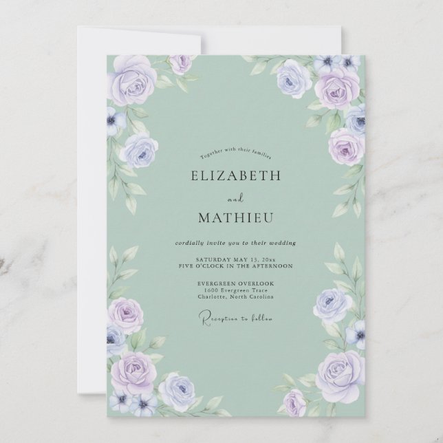 Celadon Periwinkle Rose Wedding Invitation (Front)
