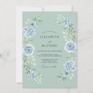 Celadon Powder Blue Rose Wedding Invitation