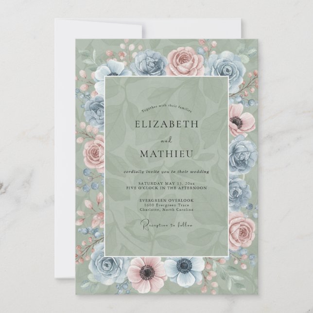Celadon Steel Blossom Wedding Invitation (Front)