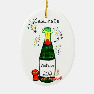 CELEBRATE! 2012 CHAMPAGNE BOTTLE PRINT REVERSES TO CERAMIC ORNAMENT