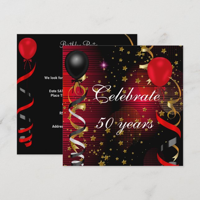 Celebrate 50 50th Birthday Party Black Red Stars Invitation (Front/Back)