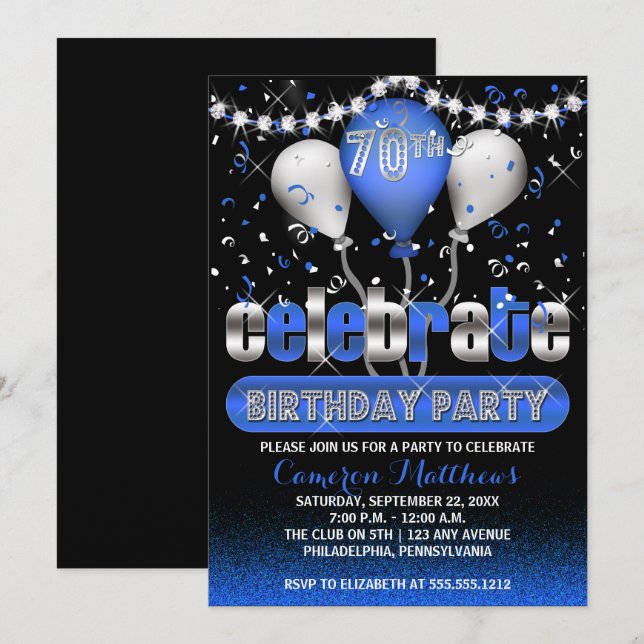 Celebrate Balloons Confetti 70th Birthday Party Invitation (Front/Back)