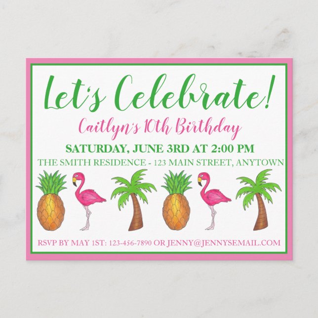 Celebrate Birthday Flamingo Palm Tree Pineapple Invitation Postcard (Front)