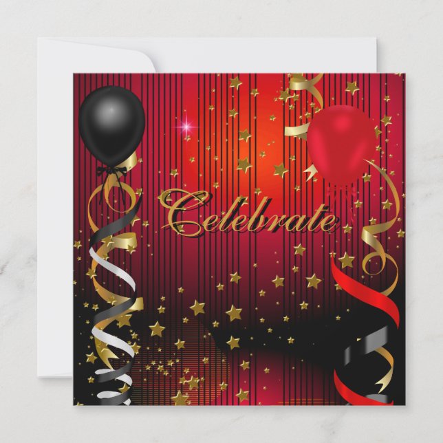 Celebrate Birthday Party Black Red Stars Invitation (Front)
