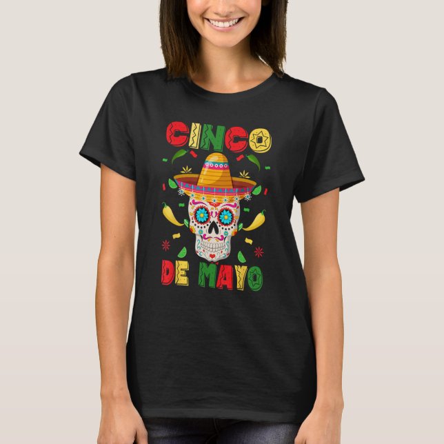 Celebrate Cinco de Mayo with a Sugar Skull Sombrer T-Shirt (Front)