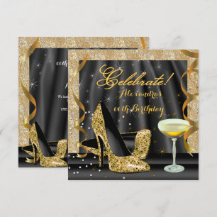 Celebrate Gold Black Glitter Heels Champagne Party Invitation