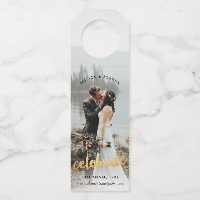 Celebrate Gold Photo Wedding Bottle Tag (Front)