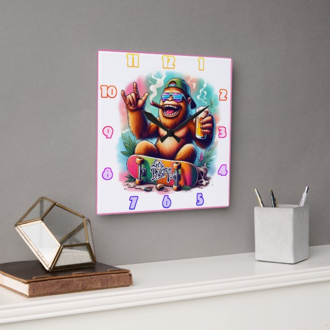Celebrate good vibes with a party-loving ape square wall clock (Office)