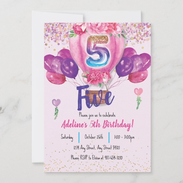 Celebrate in Pink: Confetti Balloon 5th Birthday Invitation (Front)