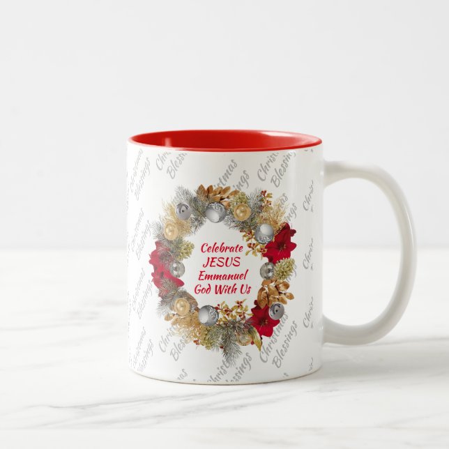 CELEBRATE JESUS Christmas Wreath MONOGRAM White Two-Tone Coffee Mug (Right)