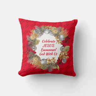 CELEBRATE JESUS EMMANUEL Christmas Wreath Red Throw Pillow