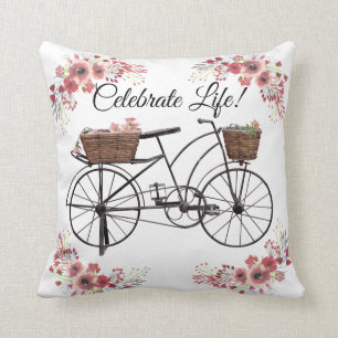 Celebrate Life Vintage Floral Farmhouse Bicycle Throw Pillow