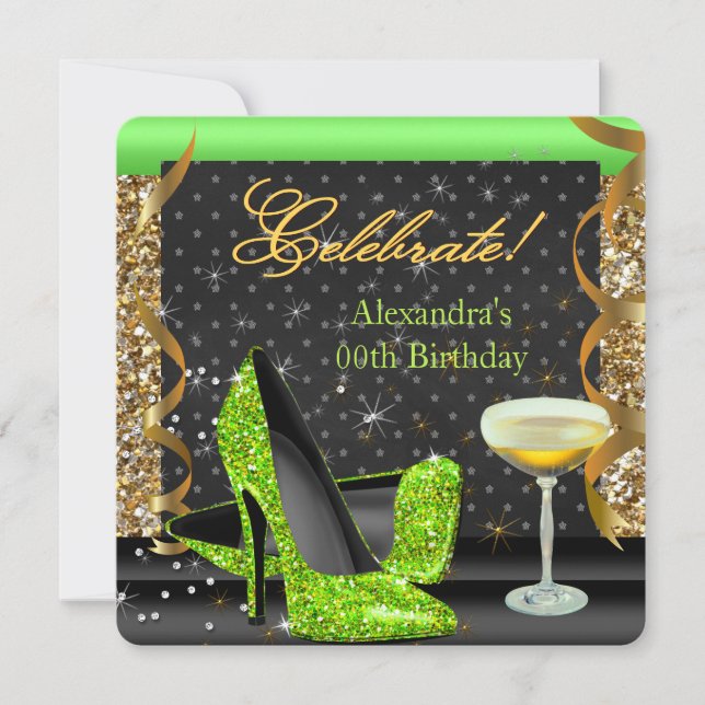 Celebrate Lime Gold Black Glitter Birthday Party Invitation (Front)