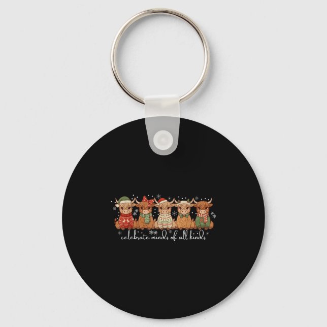 Celebrate Minds Of All Kinds Highland Cow Sped Tea Keychain (Front)