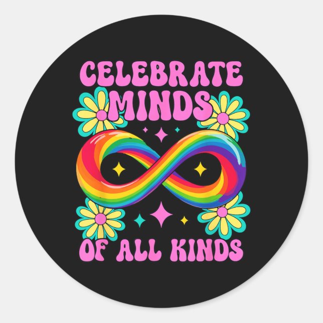 Celebrate Minds of Kinds Groovy Rainbow Infinity Classic Round Sticker (Front)