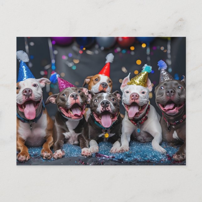 Celebrate New Year & Holidays with Pitbull Dogs Announcement Postcard (Front)