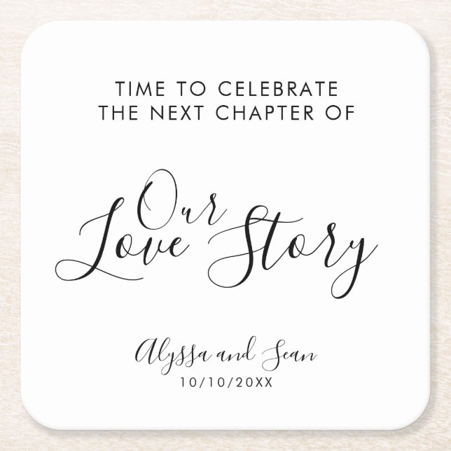 Celebrate Our Love Story Wedding Reception Square Paper Coaster (Front)