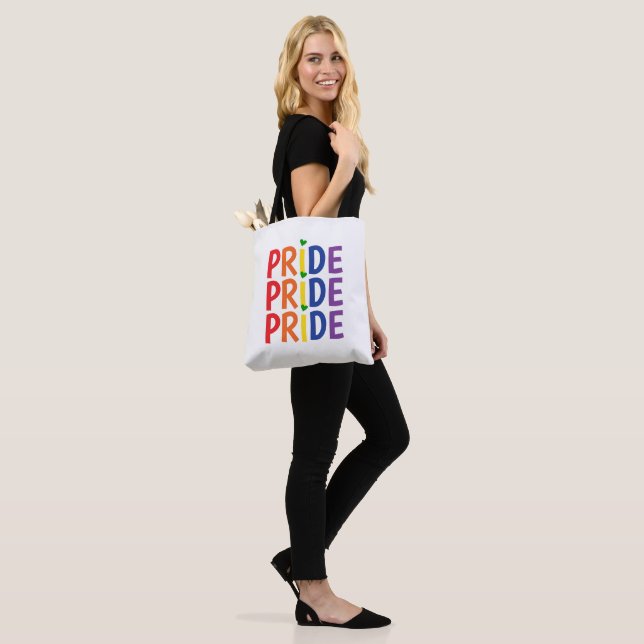 Celebrate pride month colourful rainbow text tote bag (On Model)