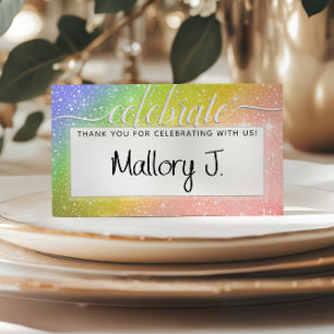 CELEBRATE Rainbow Starry Blue Watercolor Monogram Place Card