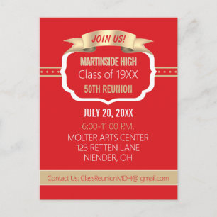 Celebrate! Red 50th Class Reunion Invite Postcard