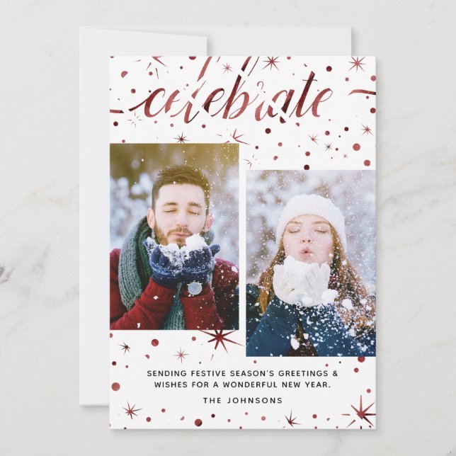 CELEBRATE Season's Greetings Typography 2-Photo Holiday Card (Front)
