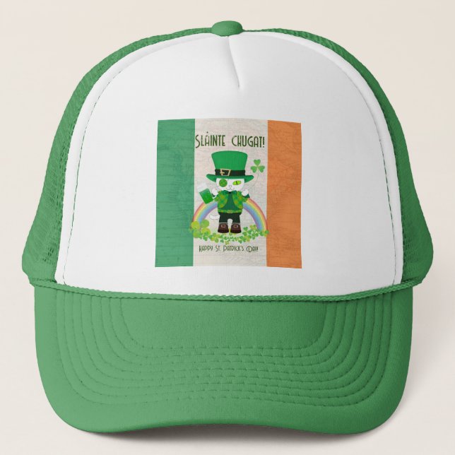 Celebrate St. Patrick's Day with a Lucky Cat Trucker Hat (Front)