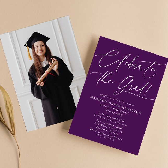 Celebrate the Grad Purple Photo Graduation Party Invitation (Creator Uploaded)