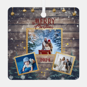 Celebrate Togetherness: 3-Photo Family Christmas  Metal Ornament