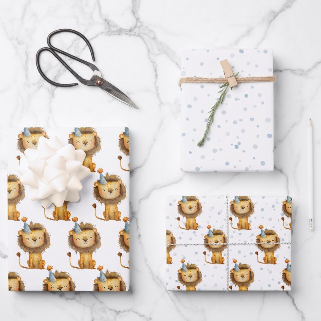 Celebrate with a Roar! Boy's Lion Birthday Wrapping Paper Sheet (Front)