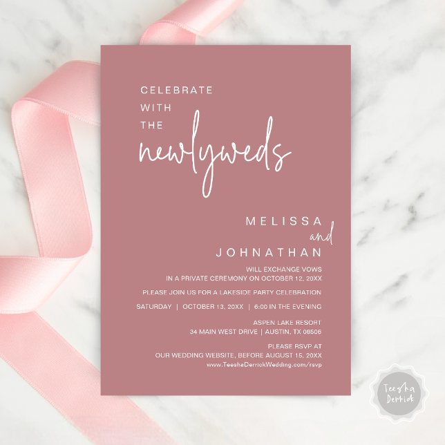 Celebrate With The Newlyweds, Wedding Dinner Invitation (Celebrate with the newlyweds, Modern wedding elopement dinner invitation card, PDF, in dusty rose)