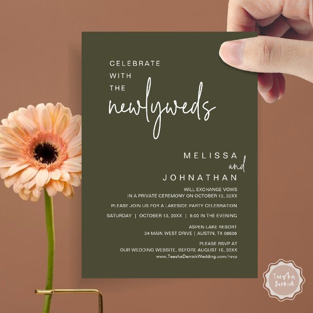 Celebrate With The Newlyweds, Wedding Dinner Invitation (Celebrate with the newlyweds, Modern wedding elopement dinner invitation card, PDF, in olive green)