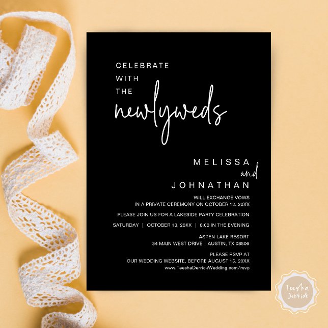 Celebrate With The Newlyweds, Wedding Dinner Invitation (Celebrate with the newlyweds, Modern wedding elopement dinner invitation card, PDF, in elegant black)