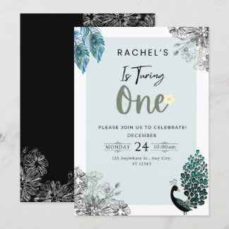 Celebrate With Us 1st birthday flower and Peacock Invitation