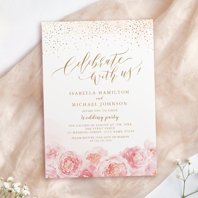 Celebrate With Us! calligraphy gold & blush floral Invitation (Celebrate With Us! calligraphy gold & blush floral Invitation)