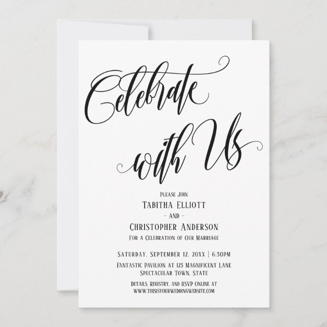 Celebrate with Us Elaborate Script Black White Invitation (Front)