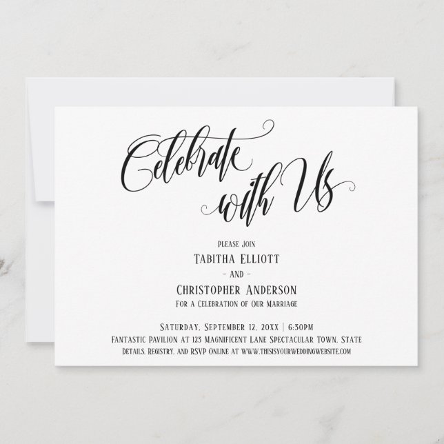 Celebrate with Us Elaborate Script Black & White Invitation (Front)