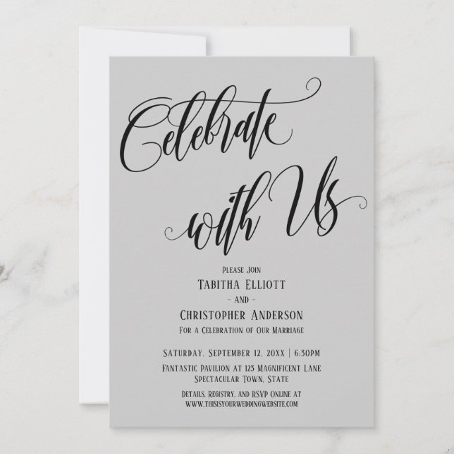 Celebrate with Us Elaborate Script Grey Invitation (Front)