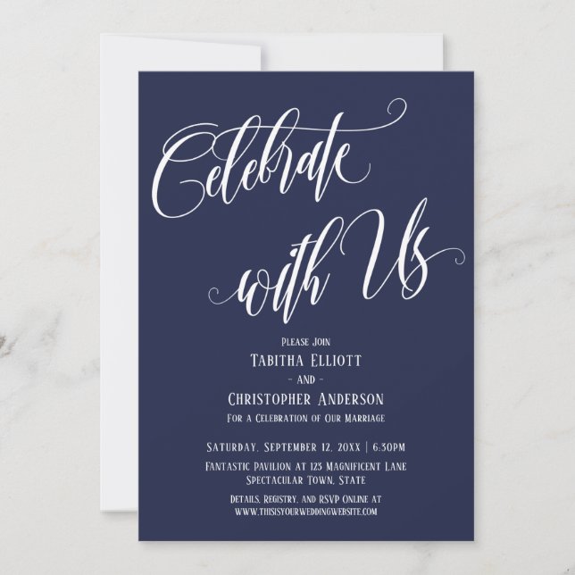 Celebrate with Us Elaborate Script Navy Blue Invitation (Front)