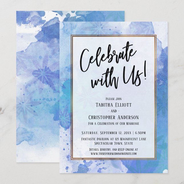 Celebrate with Us Gold Border Abstract Blue Splash Invitation (Front/Back)
