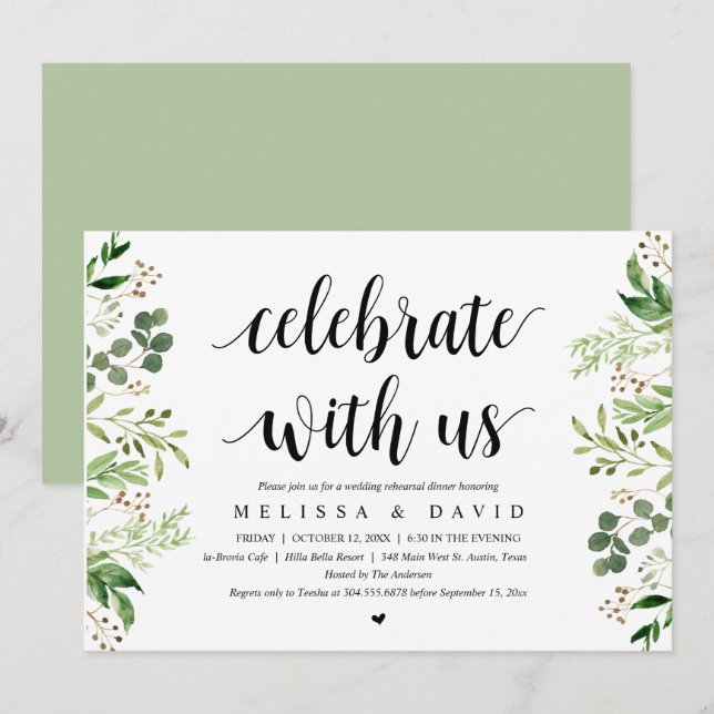 Celebrate with us, Greenery, Rehearsal Dinner Invi Invitation (Front/Back)